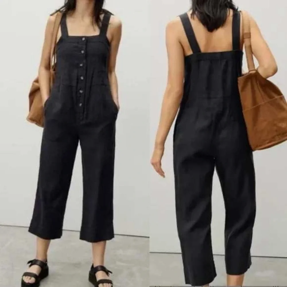 Everlane Linen Picnic Straight Leg Jumpsuit Size 0 Black Sleeveless Button Front
